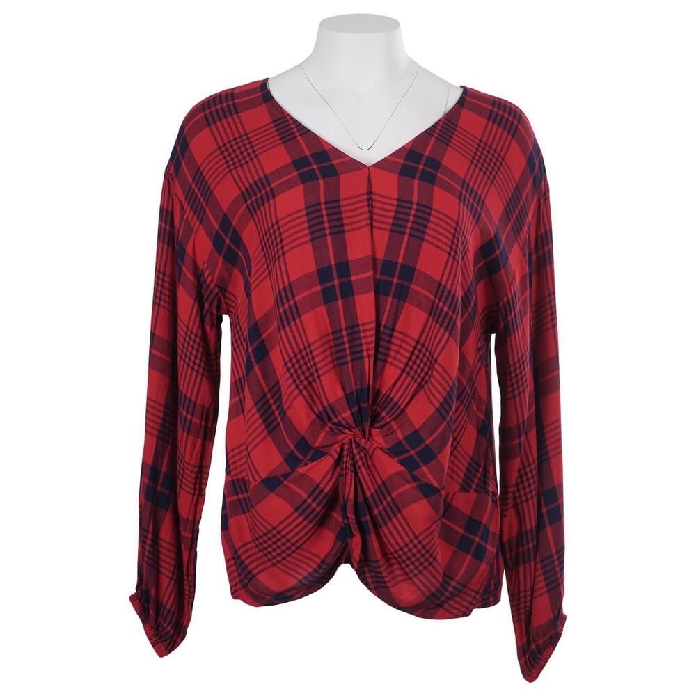 IMAN Top M Red Blue Plaid V-Neck Twist Front Pullover Long Sleeve Casual